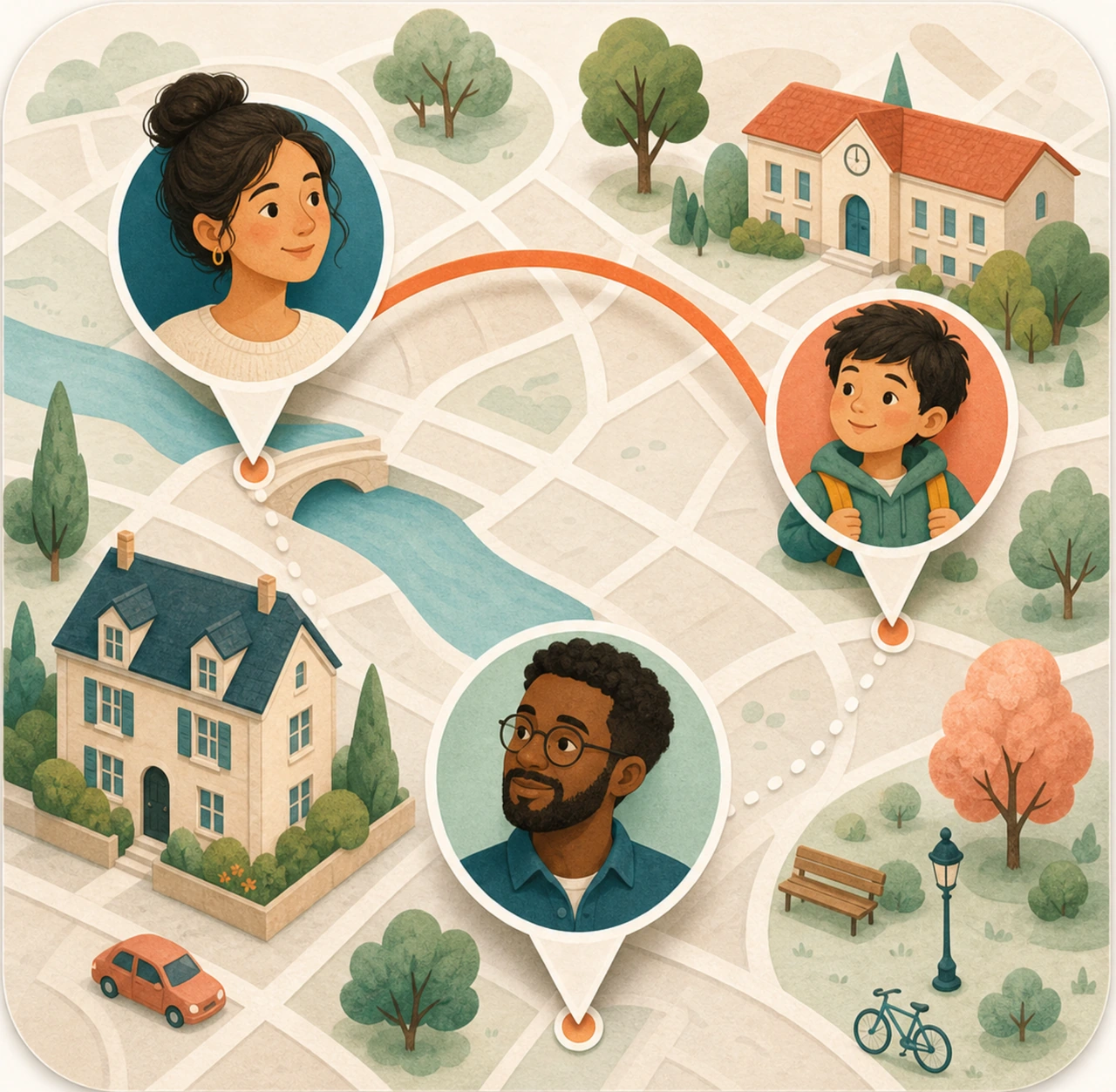 A softly illustrated neighborhood, with family members connected across a map.