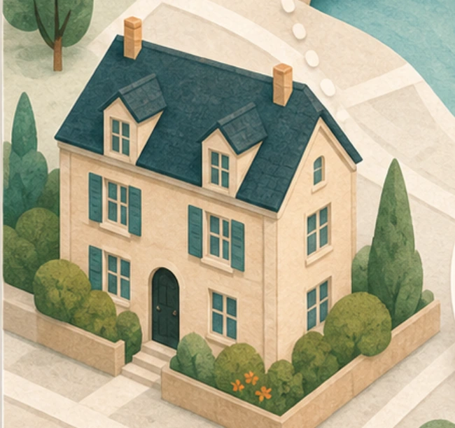An illustrated home with a garden.