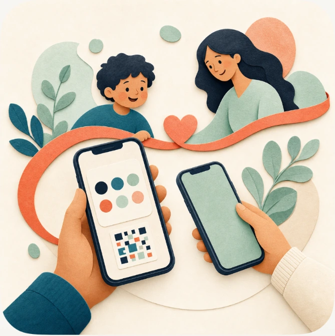 A parent and child connecting their phones, joined by a coral ribbon.