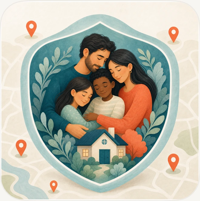 An illustrated family together inside a protective shield.